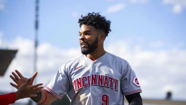 Oct 22, 2022; Phoenix, Arizona, USA; Cincinnati Reds outfielder Rece Hinds plays for the Glendale Desert Dogs during an Arizona Fall League baseball game at Phoenix Municipal Stadium. Mandatory Credit: Mark J. Rebilas-USA TODAY Sports  